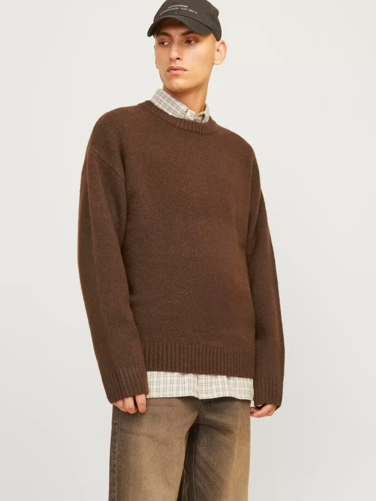 JACK & JONES Swetry^Gładki Sweter wkładany przez głowę Brązowy