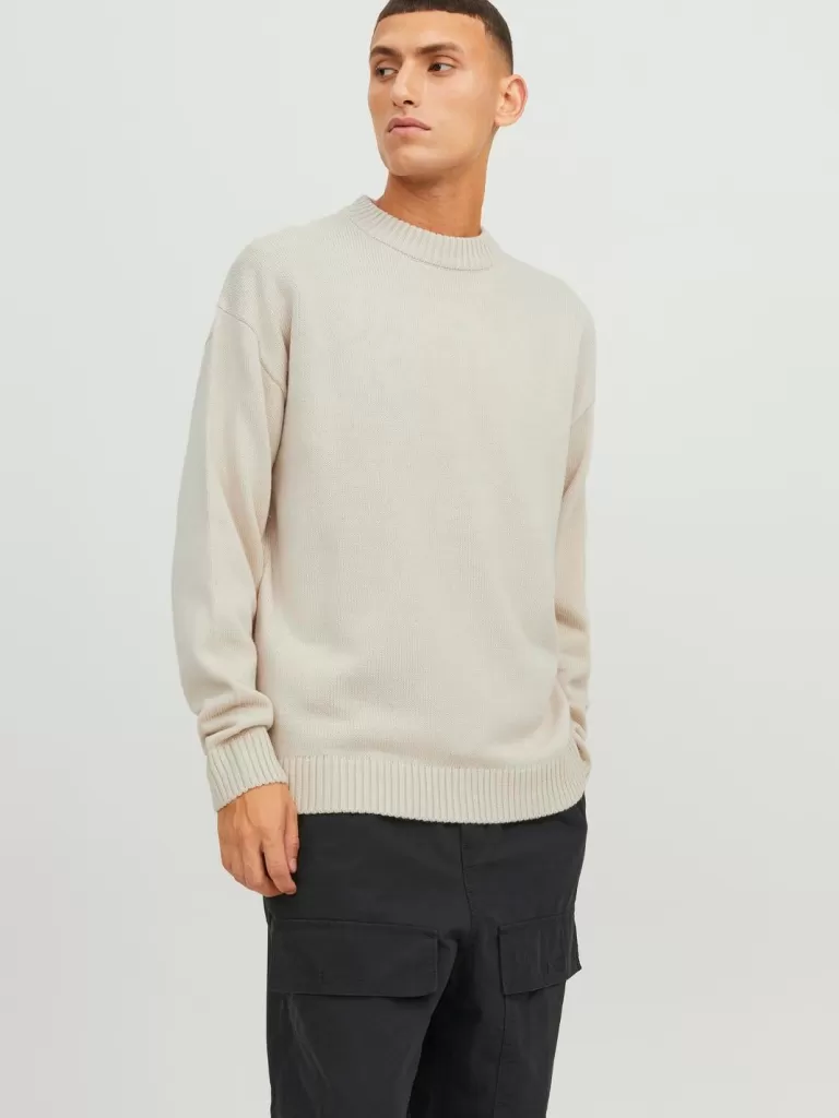 JACK & JONES Swetry^Gładki Sweter wkładany przez głowę Beżowy