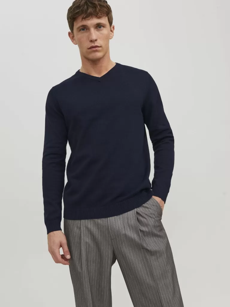 JACK & JONES Swetry^Gładki Sweter wkładany przez głowę Niebieski