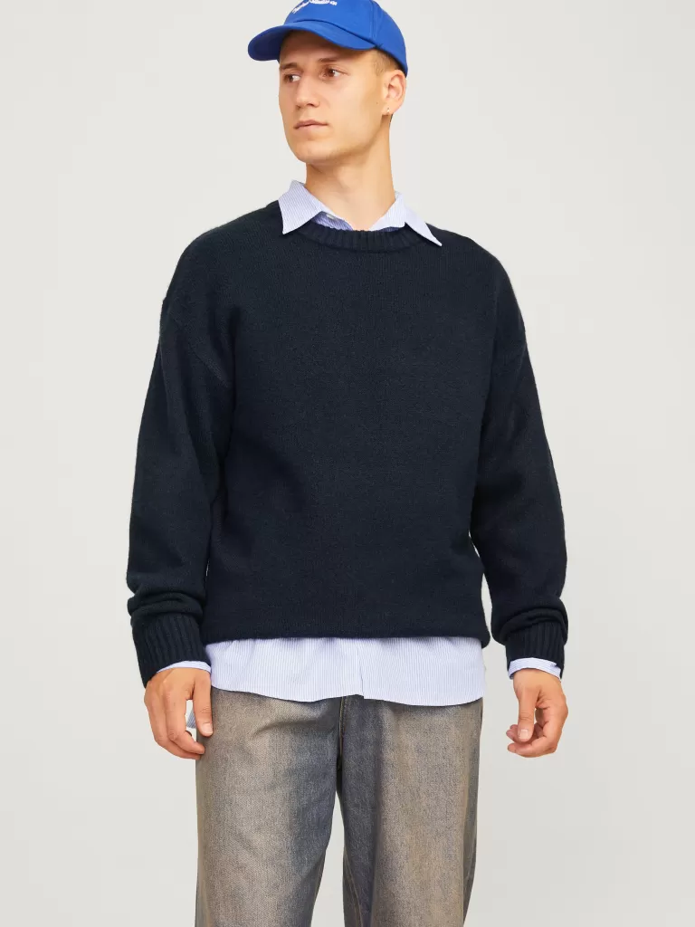 JACK & JONES Swetry^Gładki Sweter wkładany przez głowę Niebieski