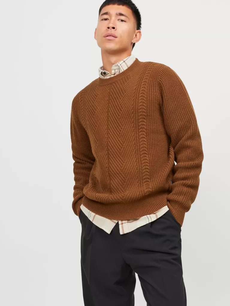 JACK & JONES Swetry^Gładki Sweter wkładany przez głowę Brązowy