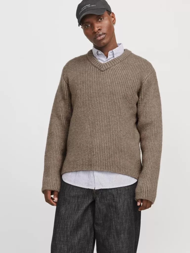 JACK & JONES Swetry^Gładki Sweter wkładany przez głowę Beżowy