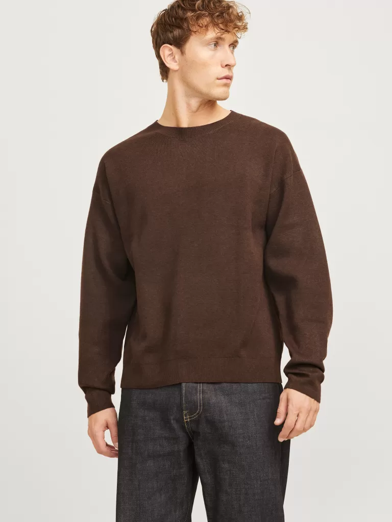 JACK & JONES Swetry^Gładki Sweter wkładany przez głowę Brązowy