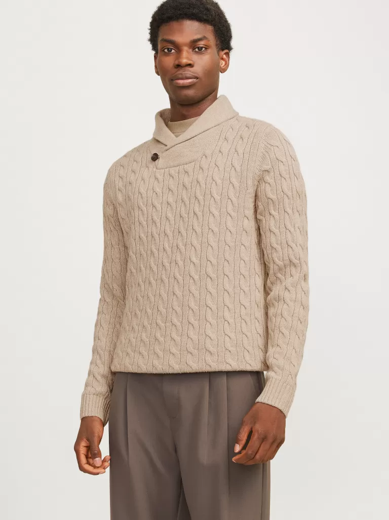 JACK & JONES Swetry^Gładki Sweter wkładany przez głowę Beżowy