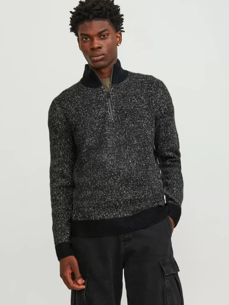 JACK & JONES Swetry^Melanż Krótki suwak Czarny
