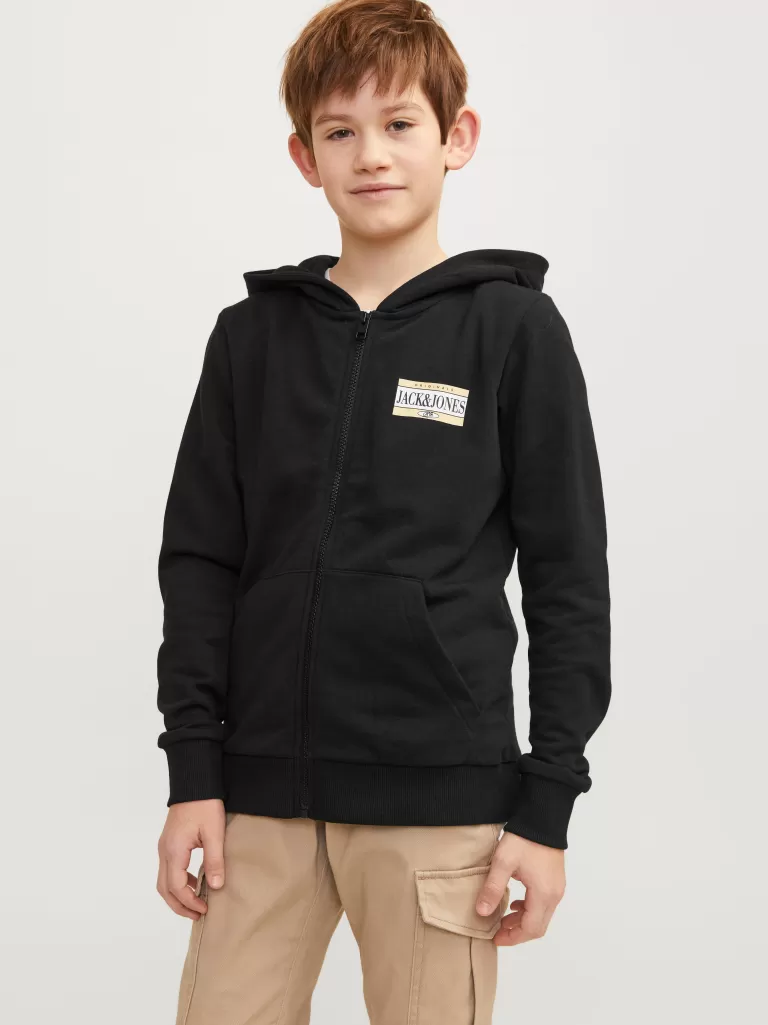 JACK & JONES Bluzy | Wyprzedaż^Nadruk Bluza z kapturem zapinana na suwak Junior Czarny