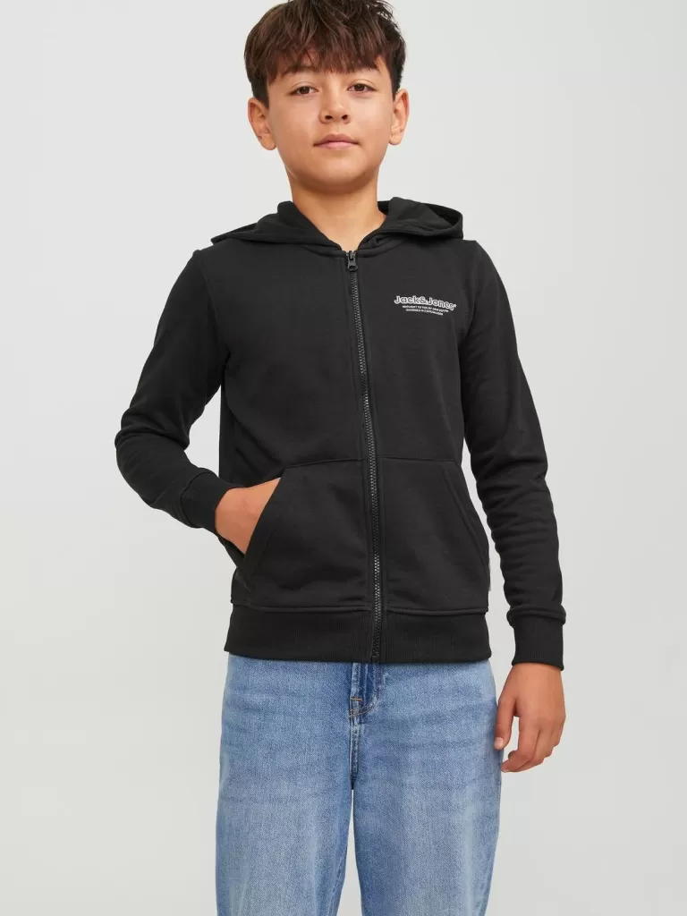 JACK & JONES Bluzy | Wyprzedaż^Nadruk Bluza z kapturem zapinana na suwak Junior Czarny