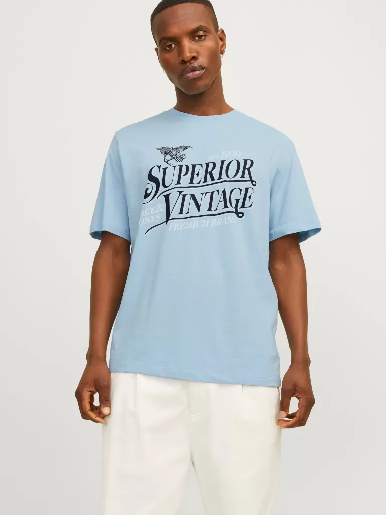 JACK & JONES Koszulki^Nadruk Okrągły dekolt T-shirt Niebieski