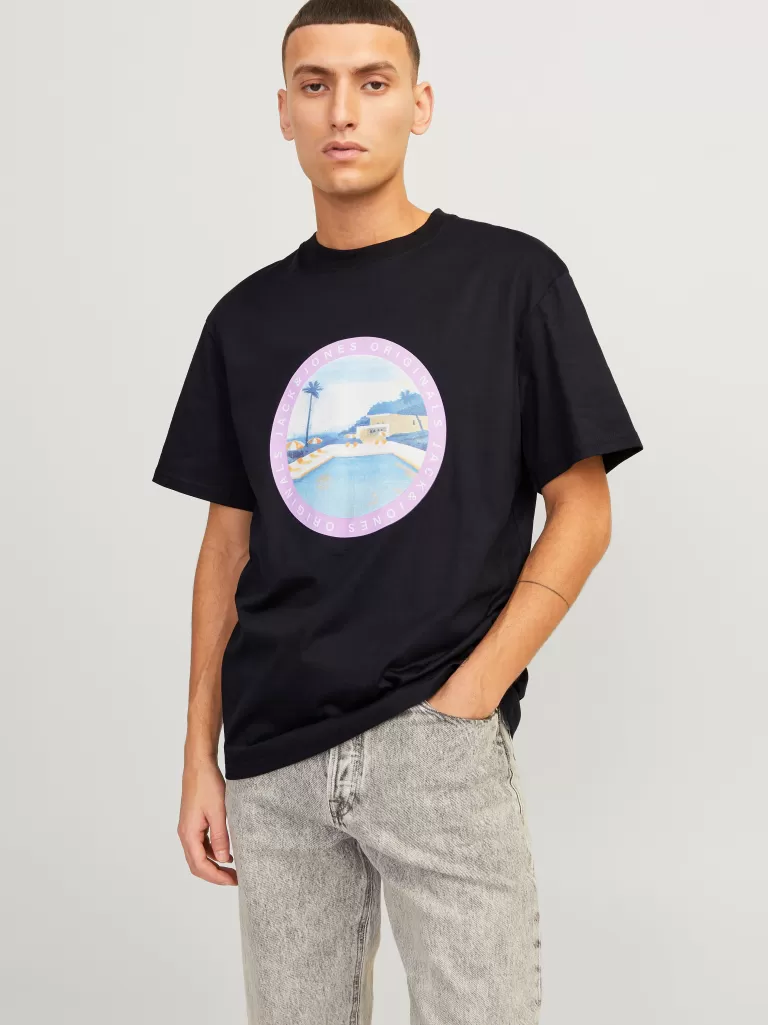 JACK & JONES Koszulki^Nadruk Okrągły dekolt T-shirt Czarny
