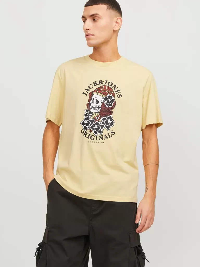 JACK & JONES Koszulki^Nadruk Okrągły dekolt T-shirt Żółty
