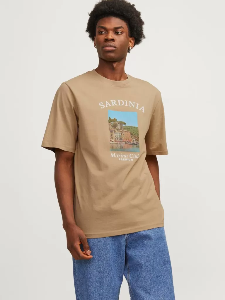JACK & JONES Koszulki^Nadruk Okrągły dekolt T-shirt Beżowy