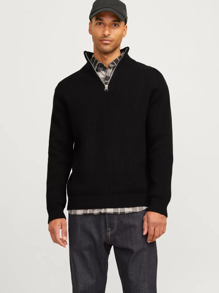 JACK & JONES Swetry^RDD Gładki Krótki suwak Czarny