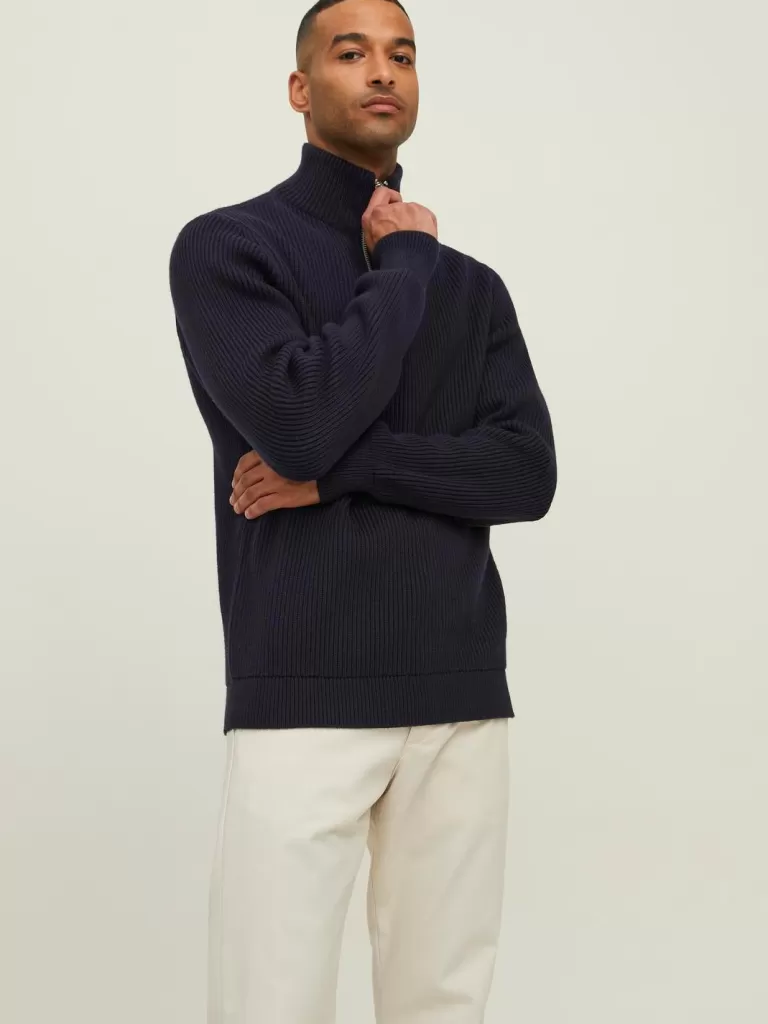 JACK & JONES Swetry^RDD Gładki Krótki suwak Niebieski