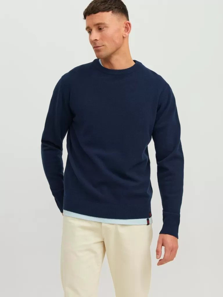 JACK & JONES Swetry^RDD Gładki Sweter wkładany przez głowę Niebieski