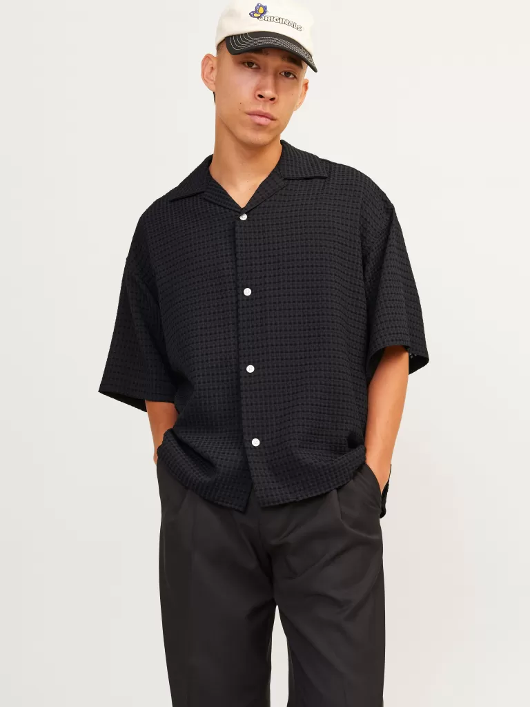 JACK & JONES Koszule^Szeroki krój Tropikalna Czarny