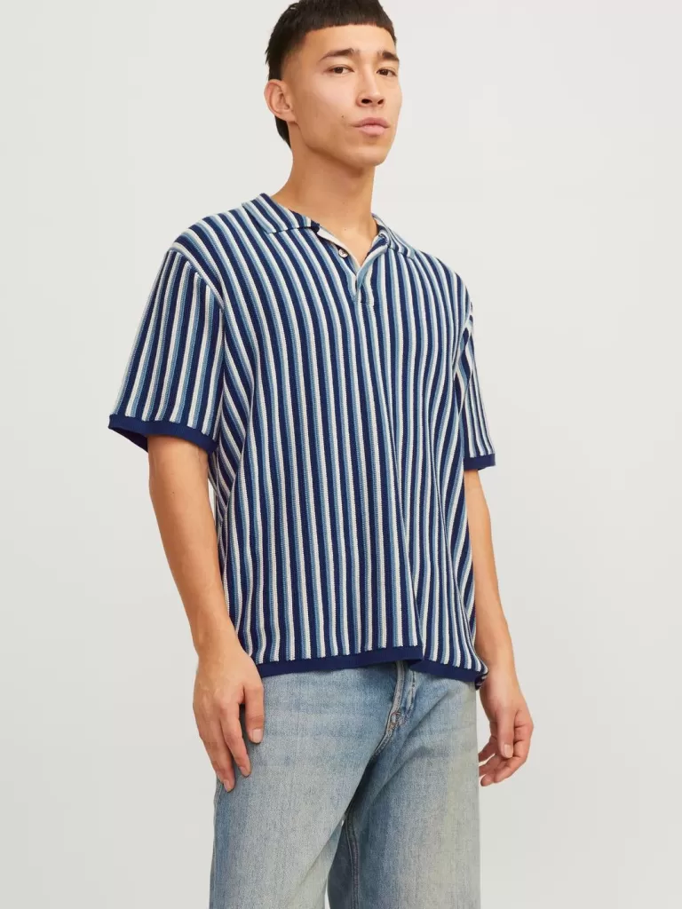 JACK & JONES Swetry^W paski Koszula polo Niebieski