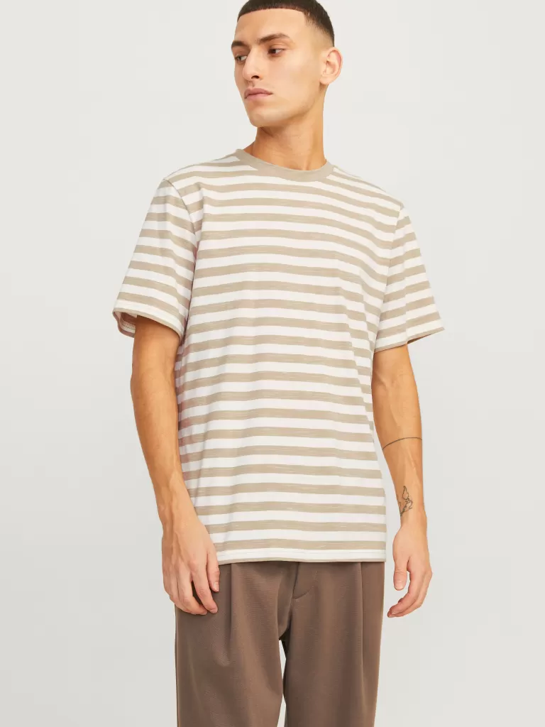 JACK & JONES Koszulki^W paski Okrągły dekolt T-shirt Beżowy