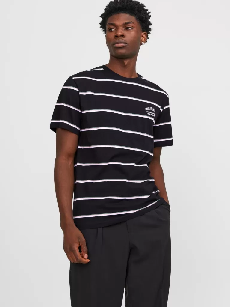 JACK & JONES Koszulki^W paski Okrągły dekolt T-shirt Czarny