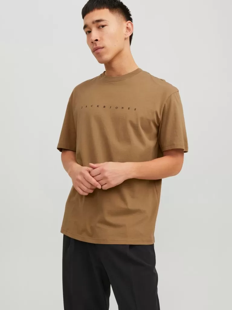 JACK & JONES Koszulki^Z logo Okrągły dekolt T-shirt Beżowy