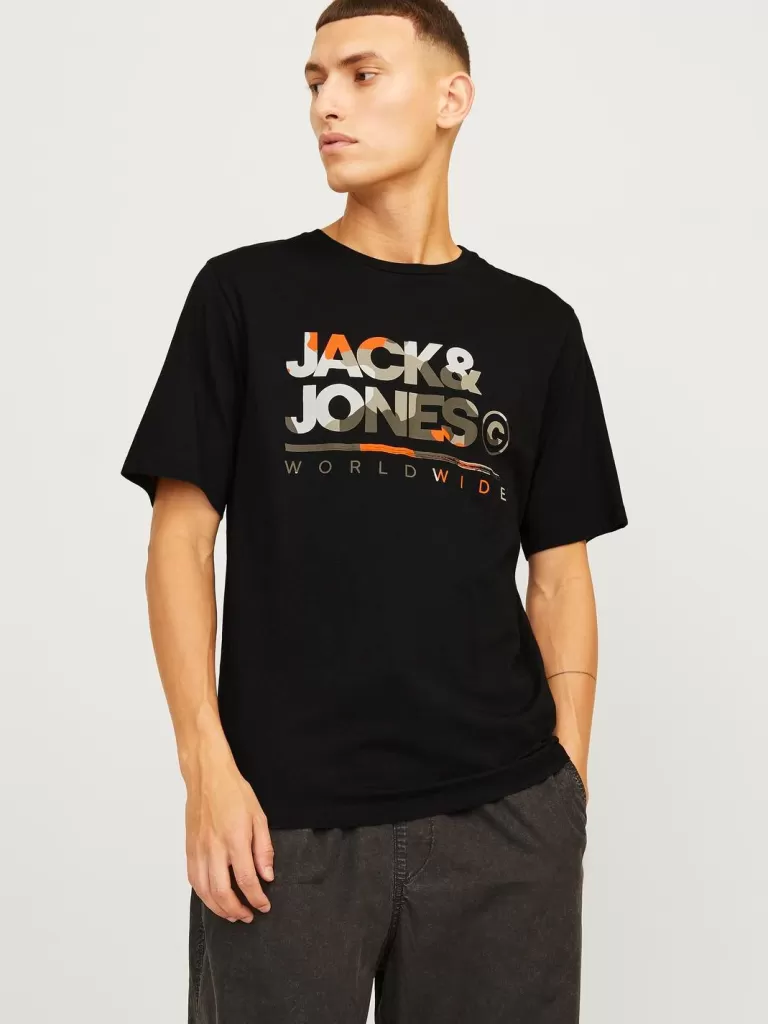 JACK & JONES Koszulki^Z logo Okrągły dekolt T-shirt Czarny