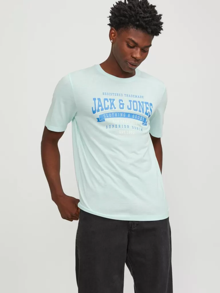JACK & JONES Koszulki^Z logo Okrągły dekolt T-shirt Niebieski